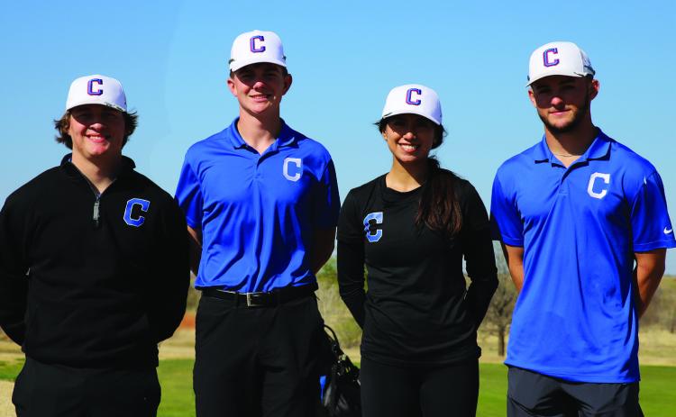 Childress High School’s Reid Felton, Elena Jurado, Custer Keys and Nick McMinn were recently selected to the Texas High School Coaches Association (THSCA) Academic All-State golf teams. From left, Felton, second team; Keys, first team; Jurado, first team; and McMinn, second team. Photo by Childress High School Yearbook