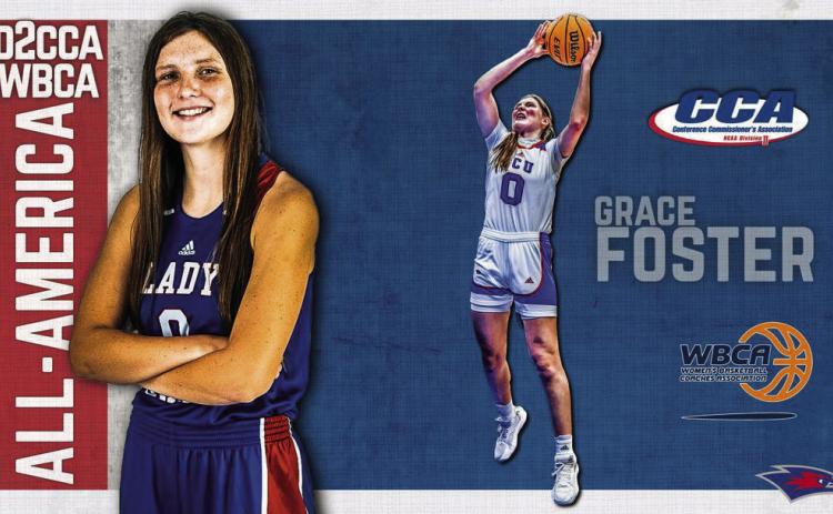 Lubbock Christian University’s Grace Foster, a 2021 Childress High School graduate, is chosen as a Division II Conference Commissioners Association’s 2022-23 Woman’s Basketball All-America Teams and Women’s Basketball Coaches Association’s 2023 WBCA NCAA Division II Coaches’ All-America Team selection. Graphic Courtesy of Lubbock Christian Unviersity
