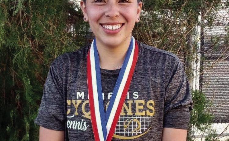 Memphis High School senior Corrina Torres takes a thirdplace finish in the girls’ singles during the District Tennis Tournament in Vernon Tuesday, March 21. Photo Courtesy of Memphis ISD