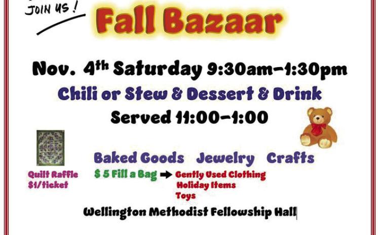 The Wellington Methodist Women’s quilt raffle will take place at the annual Fall Bazaar, set for 9:30 a.m.-1:30 p.m. Saturday, Nov. 4 at the Fellowship Hall, 911 Bowie St. A tradition since the 1950s, the bazaar will offer a time of fellowship, food and fun as the community is invited to come shop at the fundraising event. The quilt drawing is set for 1 p.m. Proceeds from the occasion help send youth from all denominations to summer church camp. Courtesy Image