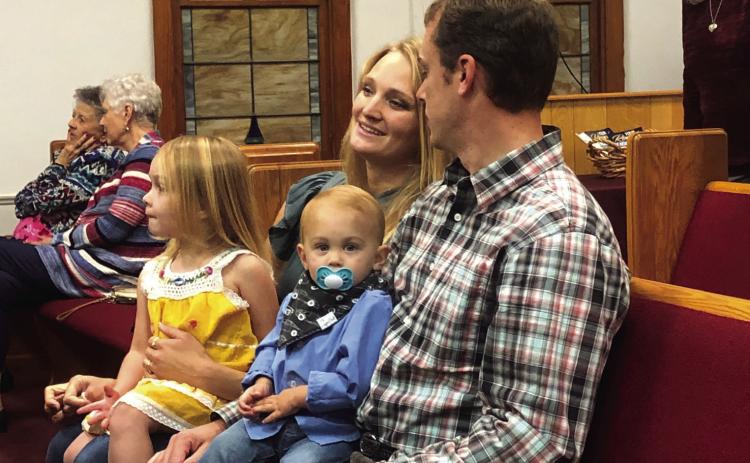 Members of various denominations from across Collingsworth County, including Fraya Hammons and Anne Langford, Darcy and Justin Baker and their children, and Beth Motsenbocker, attend the Nov. 19 community Thanksgiving service, hosted by the Wellington Church of the Nazarene congregation. The Red River Sun/Bev Odom