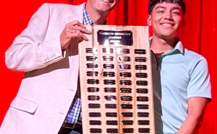 During the 6:30 p.m. Monday, May 11 Wellington High School (WHS) All-Sports Banquet at the WHS Auditorium, students received recognition for an outstanding year of Skyrocket athletics. Wellington High School senior Gustavo Soto receives the Football Defensive Lineman Award, presented by Athletic Director Greg Proffitt. SHAUNA SALINAS/THE GREENBELT INTREPID