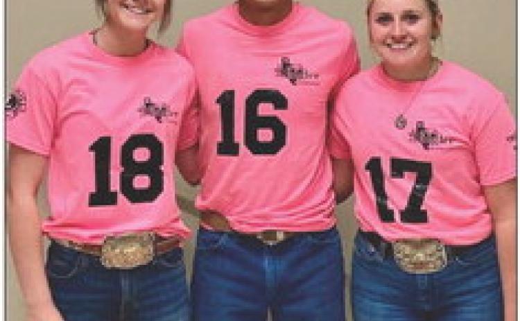 Memphis High School students Emma Talley, left, Gabriel Zuniga and Chloie O’Neal win $500 scholarships during the recent Tri-State Fair Calf Scramble Saturday, Sept. 23 in Amarillo. O’Neal, Talley and Zuniga were three of 10 contestants to win scholarships. Photo Courtesy of Memphis ISD